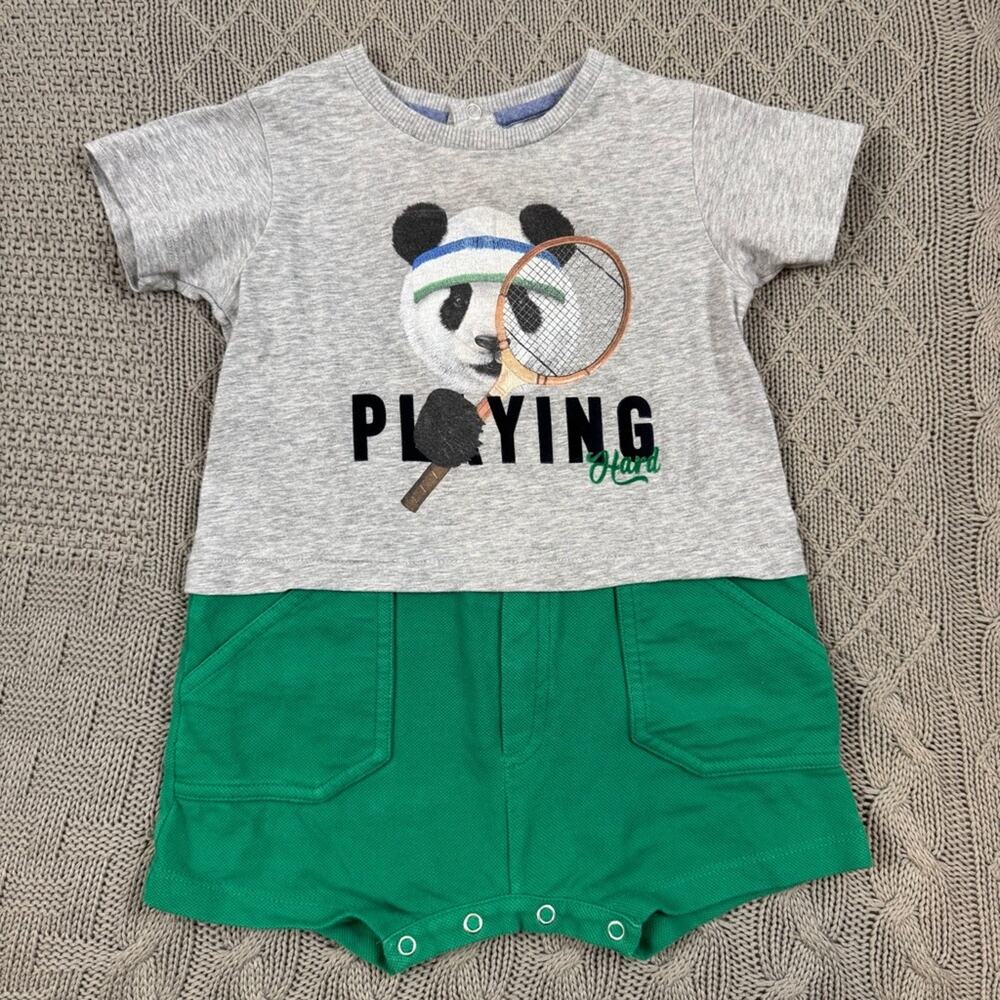 Lapin House Designer Gray and Green Panda Graphic Romper ~ 18M
